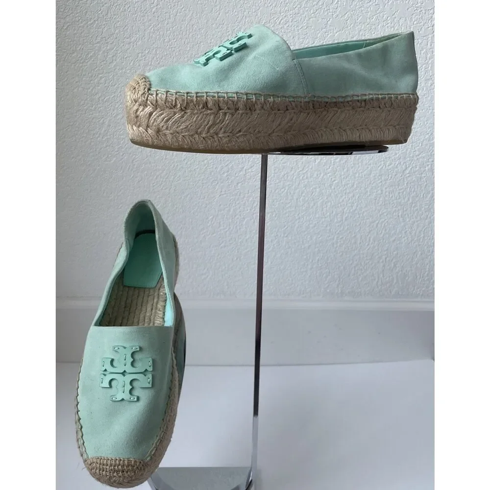 New Tory Burch Everly Platform Espadrille - Sea Bubble Suede Size 10